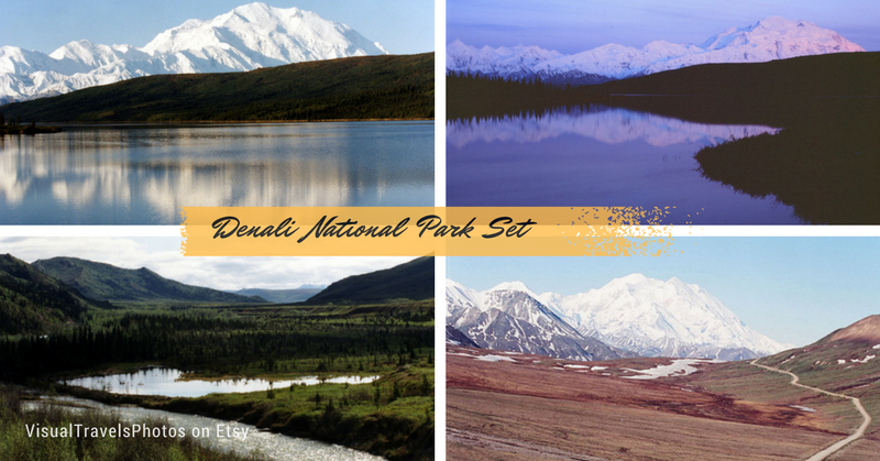 Collage of photos of Denali National Park by Marsha J. Black, part of the storewide 10% OFF National Parks Photography Sale on her VisualTravelsPhotos Etsy Store. Good through Labor Day (Sept. 5), 2016. (From L clockwise): Morning Reflections of Denali Mountain, Denali National Park, Alaska; Midnight Alpine Glow view of Denali Mountain; The long, narrow backcountry road towards 20,000+ ft. Denali Mountain, the winding waterway of Moose Creek, backcountry of Denali National Park.