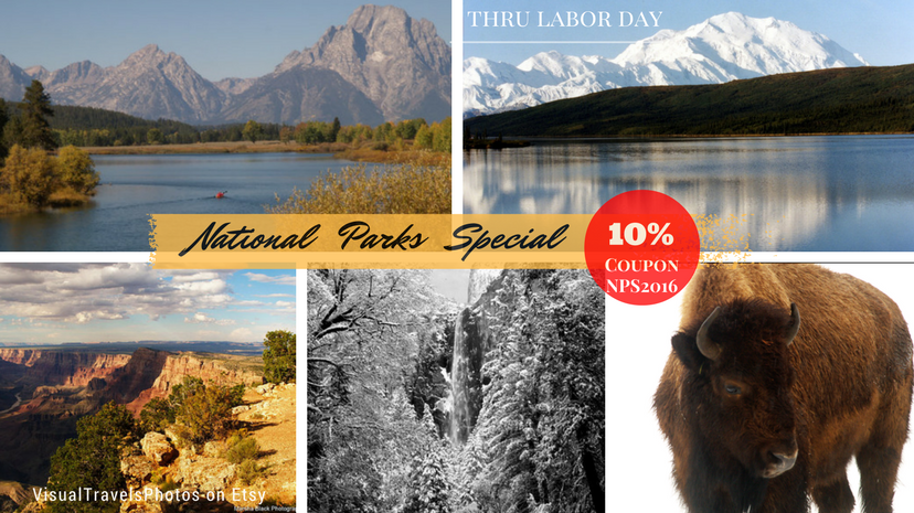 Collage of some of the National Parks Photographs by Marsha J Black on sale through Labor Day (Sept. 5), 2016: (From upper L clockwise): Grand Teton National Park, Morning Reflections of Denali Mountain-Denali National Park, Alaska, Bison in Yellowstone National Park, BridalVeil Falls in Winter-Yosemite National Park, Golden Morning in Grand Canyon National Park | Storewide 10% Sale on VisualTravelsPhotos Etsy store. Enter Coupon Code NPS2016 at checkout. 