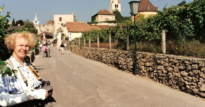 Marsha Black in her full shoulder-to-wrist cast at the outskirts of Durstein on the Danube in Austria