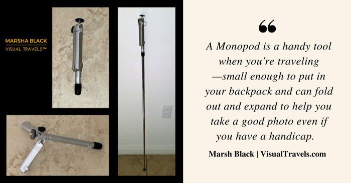 Image: A monopod folded up, expanded to a table-top tripod, and the tall extended position 